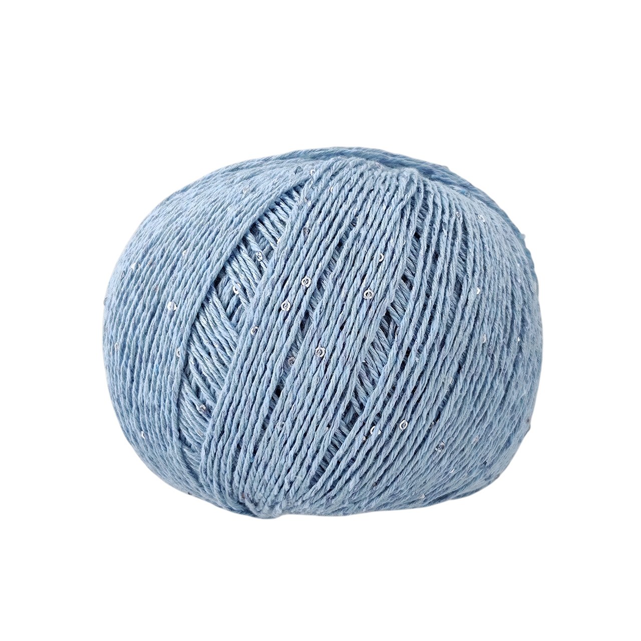 Ball of Brilla bamboo sequin yarn by Casasol in sky blue