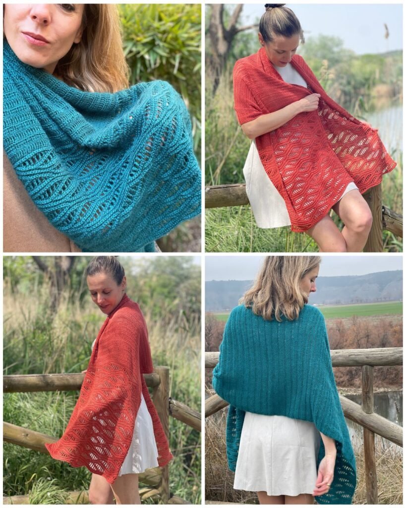 Varias versiones de la Estola Komorebi a crochet en angora y en bambú de distintos colores