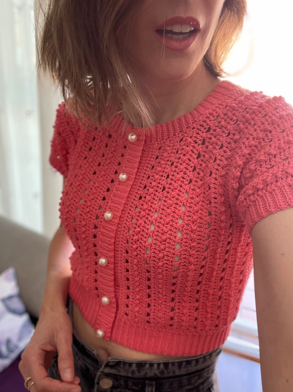 Top Luz a crochet tejido en algodón Cupcake de Casasol en color coral